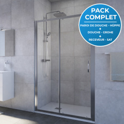 Receveur Satalek 120x80cm, Blanc + Porte de douche 120cm + Set de douche Grohe avec Mitigeur thermostatique, douchette 2 jets