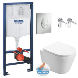 Pack WC Bâti-support + WC Swiss Aqua Technologies Infinitio sans bride fixation invisible + Plaque chrome mat