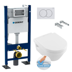 Pack WC Bâti-support Duofix + WC Sapho Avva sans bride + Abattant softclose + Plaque blanche (AvvaGeb3)