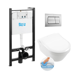 Pack Bâti-support Roca Active + WC sans bride et fixations invisibles + plaque chrome mat (RocaActiveSATrimless-2)