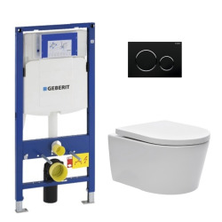 Pack WC Bâti-support avec Cuvette SAT rimless fixations invisibles + Abattant softclose + Plaque noir (GebSatrimless-D)