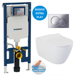 Geberit Pack WC Bati-support Geberit extra-plat UP720 + Cuvette suspendue sans bride Livea Bello + Abattant frein de chute + Plaque chro