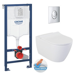 Grohe Pack WC Bâti-support Rapid SL + WC sans bride LIVEA Bello + Abattant softclose + Plaque Chrome (RapidSL-Bello-2)