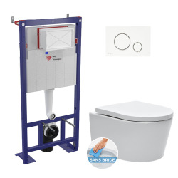 Pack WC bâti-autoportant + WC SAT sans bride fixations invisibles + Abattant softclose + Plaque blanche (SMART-SATrimless-9)