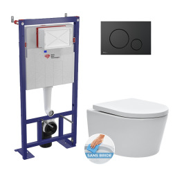 Pack WC bâti-autoportant + WC SAT sans bride fixations invisibles + Abattant softclose + Plaque blanche (SMART-SATrimless-9)