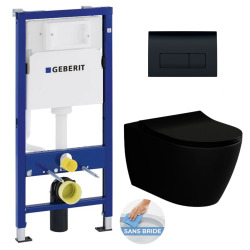 Pack WC Bâti-support Duofix + WC sans bride Taormina noir mat + Abattant frein de chute + Plaque noire (BlackTaorminaGeb-7)