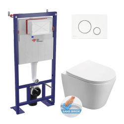 Pack WC bâti-autoportant + WC SAT sans bride fixations invisibles + Abattant softclose + Plaque blanche (SMART-SATrimless-9)