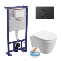 Pack WC bâti-autoportant + WC SAT sans bride fixations invisibles + Abattant softclose + Plaque blanche (SMART-SATrimless-9)