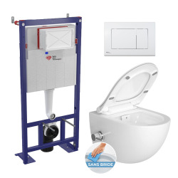 Pack WC bâti-autoportant + WC SAT sans bride fixations invisibles + Abattant softclose + Plaque blanche (SMART-SATrimless-9)