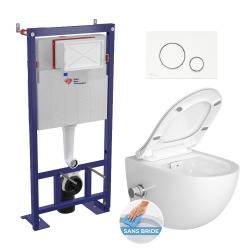 Pack WC bâti-autoportant + WC SAT sans bride fixations invisibles + Abattant softclose + Plaque blanche (SMART-SATrimless-9)