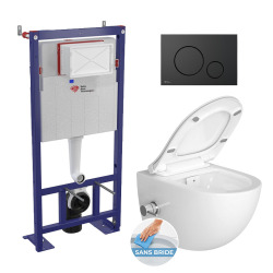 Pack WC bâti-autoportant + WC SAT sans bride fixations invisibles + Abattant softclose + Plaque blanche (SMART-SATrimless-9)