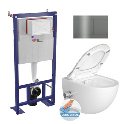 Pack WC bâti-autoportant + WC SAT sans bride fixations invisibles + Abattant softclose + Plaque blanche (SMART-SATrimless-9)