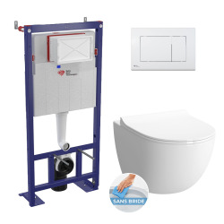 Pack WC bâti-autoportant + WC SAT sans bride fixations invisibles + Abattant softclose + Plaque blanche (SMART-SATrimless-9)