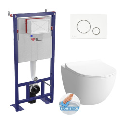 Pack WC bâti-autoportant + WC SAT sans bride fixations invisibles + Abattant softclose + Plaque blanche (SMART-SATrimless-9)