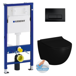 Pack WC Bâti-support Duofix + WC sans bride Vitra SENTO noir mat + Abattant frein de chute + Plaque noire (BlackSentoGeb-7)