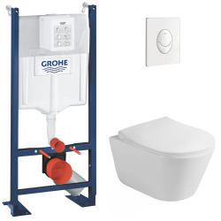 Pack WC Bâti-support autoportant + WC sans bride Avva + Abattant softclose + Plaque blanche (ProjectAvva-3)