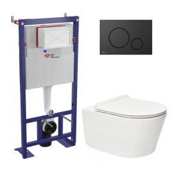 Pack WC bâti-autoportant + WC SAT sans bride fixations invisibles + Abattant softclose + Plaque blanche (SMART-SATrimless-9)