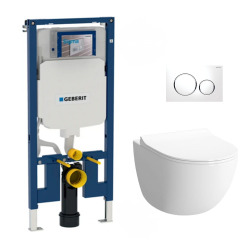 Geberit Pack WC Bâti-support extra-plat + WC Sento sans bride + Abattant softclose + Plaque blanche  (SLIM-Sentorimless-C)