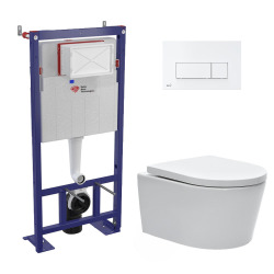 Pack WC bâti-autoportant + WC SAT sans bride fixations invisibles + Abattant softclose + Plaque blanche (SMART-SATrimless-4)