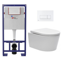 Pack WC bâti-autoportant + WC SAT sans bride fixations invisibles + Abattant softclose + Plaque blanche (SMART-SATrimless-9)