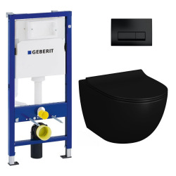 Pack WC Bâti-support Duofix + WC sans bride Vitra SENTO noir mat + Abattant frein de chute + Plaque noire (BlackSentoGeb-7)