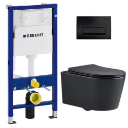 Geberit  Pack WC Bati-support Geberit + WC SAT sans bride noir mat + Abattant softclose + Plaque noire mat