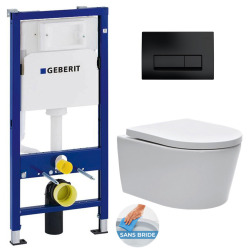 Geberit Pack WC Bâti-support Geberit UP100 + cuvette SAT suspendue sans bride et fixations invisibles + plaque Delta 50 noir mat