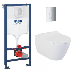 Grohe Pack WC Bâti-support Rapid SL + WC sans bride LIVEA Bello + Abattant softclose + Plaque Chrome (RapidSL-Bello-1)