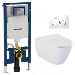 Geberit Pack WC Bati-support Geberit Duofix UP720 extra-plat + WC sans bride Livea Bello + Abattant softclose + Plaque blanche