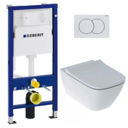 Pack WC Bâti-support Duofix + WC sans bride Smyle + Abattant softclose + Plaque blanche (SmyleGeb1)