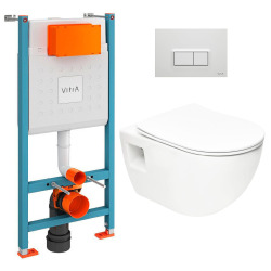 Vitra  Pack WC Bâti-support V-Fix Core + WC sans bride SAT + Abattant SoftClose + Plaque, Blanc brillant (V-FixProject-1)