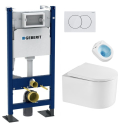 Duofix Bâti-support Geberit + WC sans bride SAT + Abattant SoftClose + Jeu de pieds autoportants + Plaque Delta01 (DelanoTQGebX)