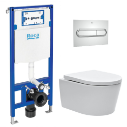 Pack WC Bâti support Roca Duplo One + Cuvette sans bride SAT + plaque de déclenchement, Chrome (RocaActiveRSATrimless-2)