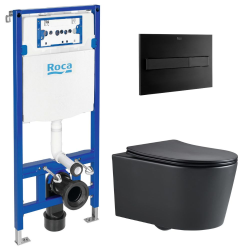 Pack WC Bâti support Roca Duplo One + Cuvette sans bride SAT Noir + plaque de déclenchement, Noir (RocaBlackSAT-3)