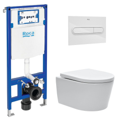 Pack WC Bâti support Roca Duplo One + Cuvette sans bride SAT + plaque de déclenchement, Blanc (RocaActiveRSATrimless-1)