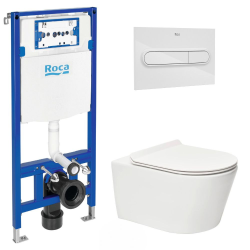 Pack WC Bâti support Roca Duplo One + Cuvette sans bride SAT + plaque de déclenchement, Blanc (RocaActiveRBrevis-1)