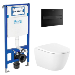 Pack WC Bâti support Roca Duplo One + Cuvette sans bride Roca Ona + plaque de déclenchement, Noir (RocaActiveROna-3)