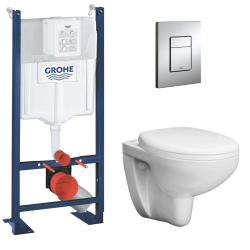 Grohe Pack WC Bâti support Grohe Rapid SL + Cuvette sans bride Grohe Bau Ceramic, Blanc + plaque de déclenchement: Chrome (39586000)