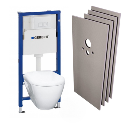 Geberit Pack WC Bati-support Geberit + Cuvette Serel SM26 sans bride + Plaque blanche + Set habillage (H39186rimless-GEB1)