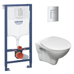 Pack WC Bâti-support Rapid SL + Cuvette suspendue Cersanit S-line + Abattant classique + Plaque Chrome (GROHE-S-LinePro-1)