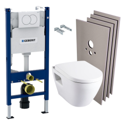 Pack WC Bâti Duofix + Cuvette SM26 sans bride + Abattant soft close + Plaque blanche + Set habillage (HSM26Geb3)