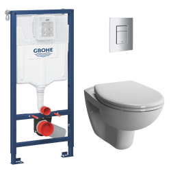 Pack WC Bâti-support Rapid SL + Cuvette suspendue Cersanit S-line + Abattant classique + Plaque Chrome (GROHE-S-LinePro-1)