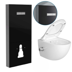 Vitra Pack WC Bâti support en verre trempé/aluminium brossé avec plaque intégrée, Noir + WC sans bride SAT + Abattant softclose 