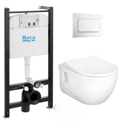 Pack WC Bâti-support ROCA ACTIVE + WC Brilla sans bride, blanc + Abattant frein de chute + Plaque blanche (RocaActiveBrilla-1)