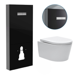 Vitra Pack WC Bâti support en verre trempé/aluminium brossé avec plaque intégrée, Noir + WC sans bride SAT + Abattant softclose 