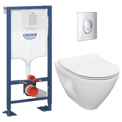 Pack WC Bâti-support autoportant Solido + Cuvette sans bride Cersanit + Abattant SoftClose + Plaque chrome (AUTOPORTANTMODUO.2)