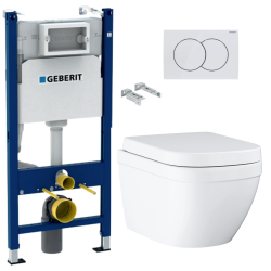 Pack WC Bâti-support Geberit Duofix + WC sans bride Grohe Euro Ceramic + Abattant + Plaque blanche (EUROCTGEB3)