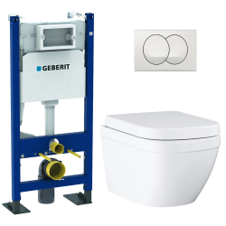 Pack WC Bâti-support Geberit Duofix + WC sans bride Grohe Euro Ceramic + Abattant + Plaque blanche (EUROCTGEB3)