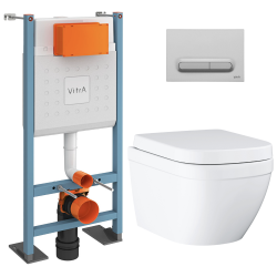 Pack WC Bâti-support Geberit Duofix + WC sans bride Grohe Euro Ceramic + Abattant + Plaque blanche (EUROCTGEB3)