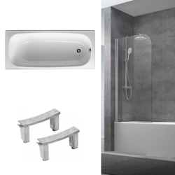 Jika (Groupe Roca) 160x70 cm Ensemble baignoire Riga universelle + Pare baignoire pivotant chrome + pieds (3406-SETP)